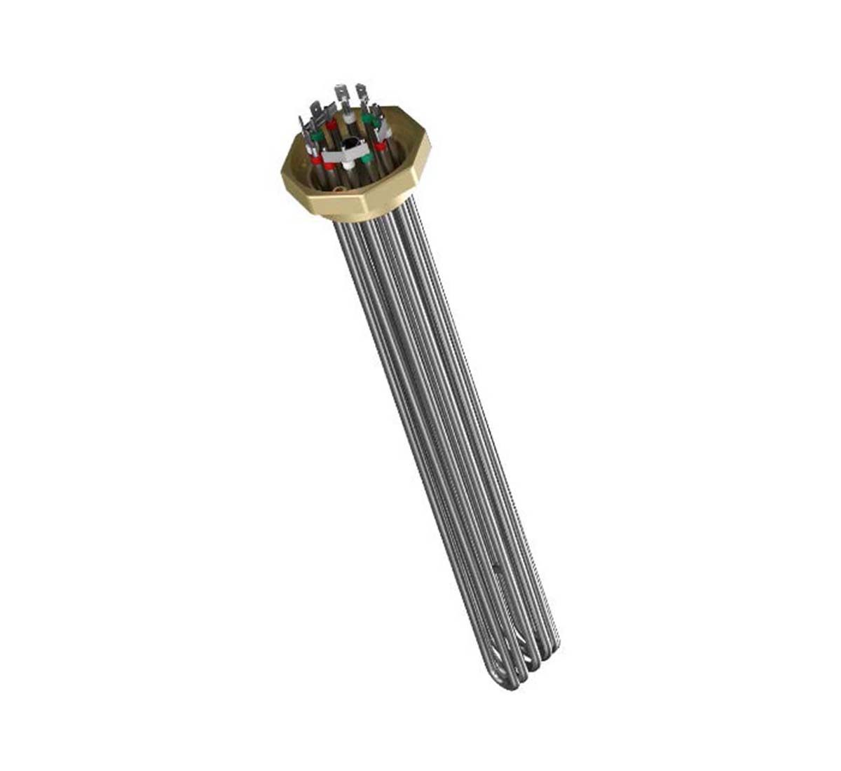 A picture of a Backer immersion heater for liquid heating with element tubes in acidproof stainless steel