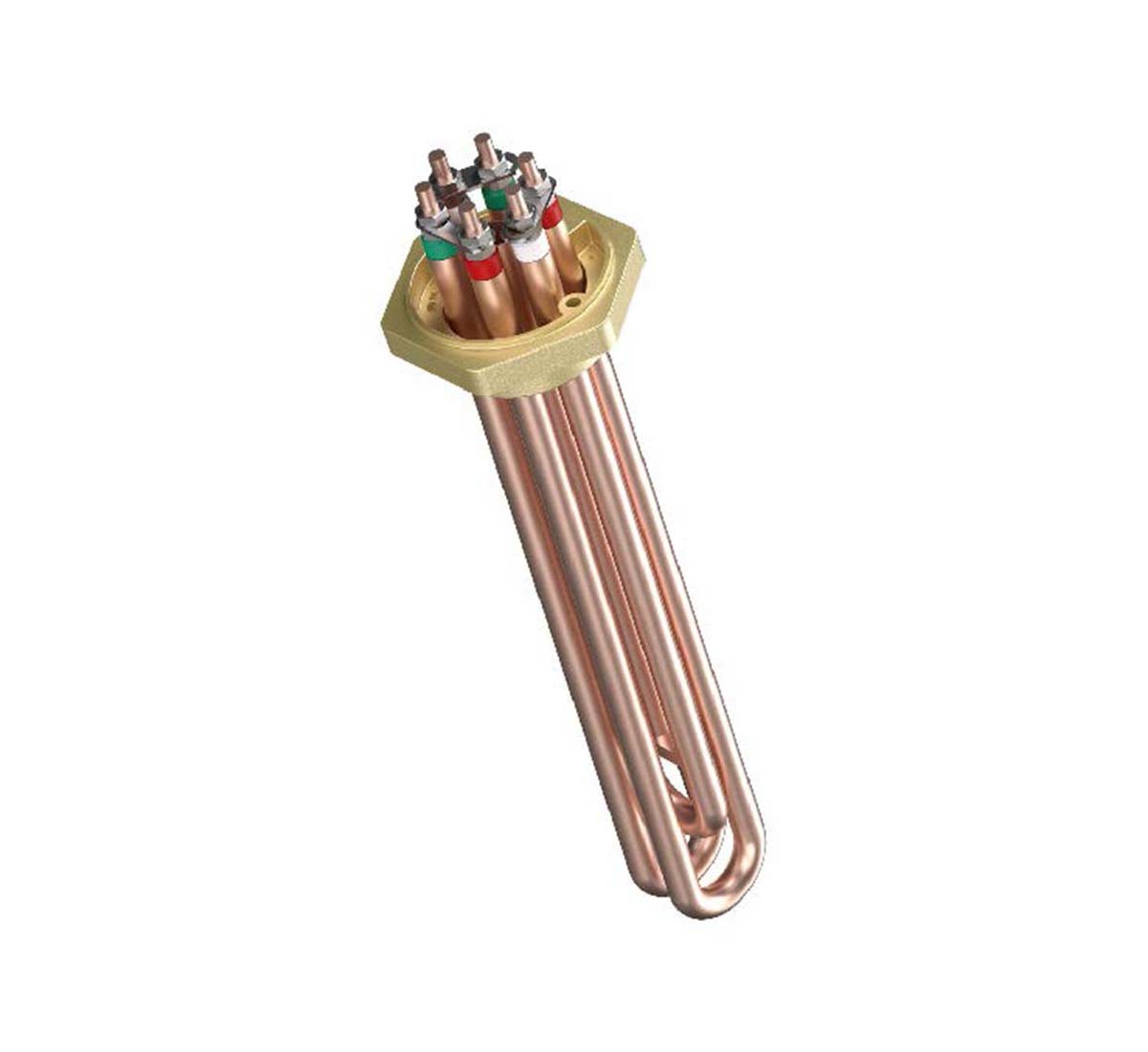 A picture of a Backer immersion heater for liquid heating with element tubes in copper