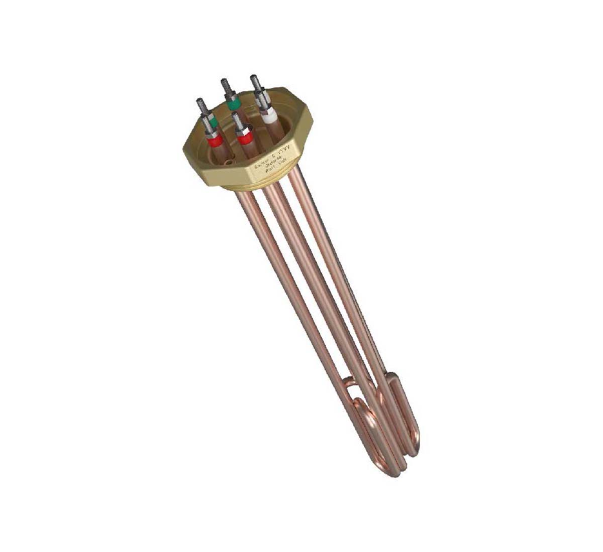 A picture of a Backer immersion heater for liquid heating with element tubes in copper