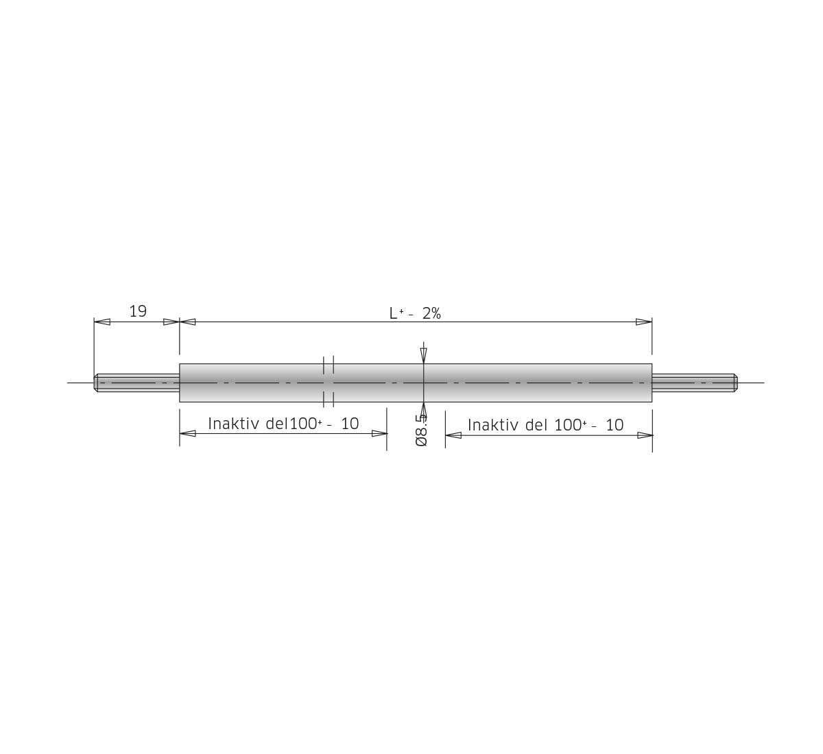 A technical drawing of a tubular heating element, type 9N 2,3