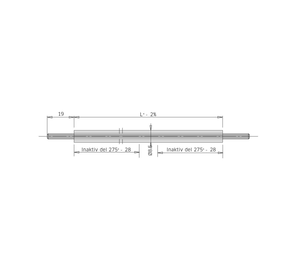 A technical drawing of a tubular heating element, type 9ND 6