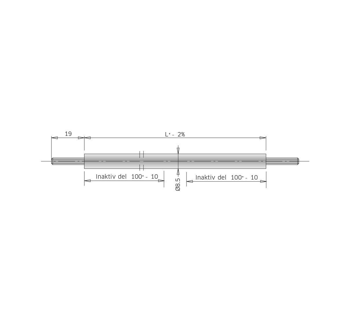 A technical drawing of a tubular heating element, type 9NF