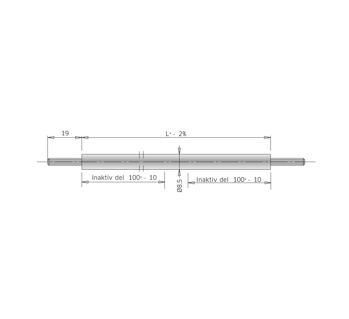 A technical drawing of a tubular heating element, type 9NL