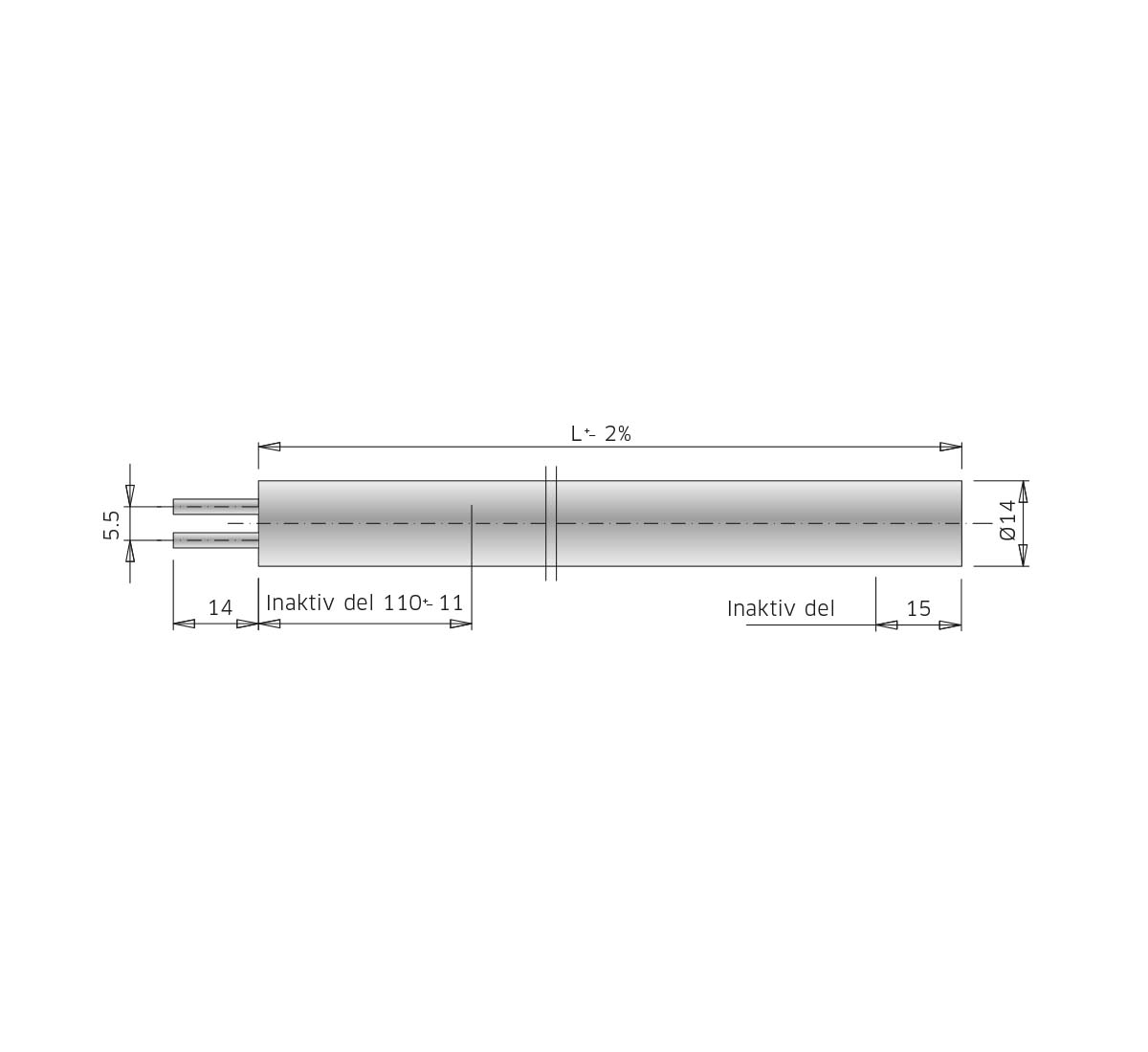 A technical drawing of a tubular heating element, type 14NF