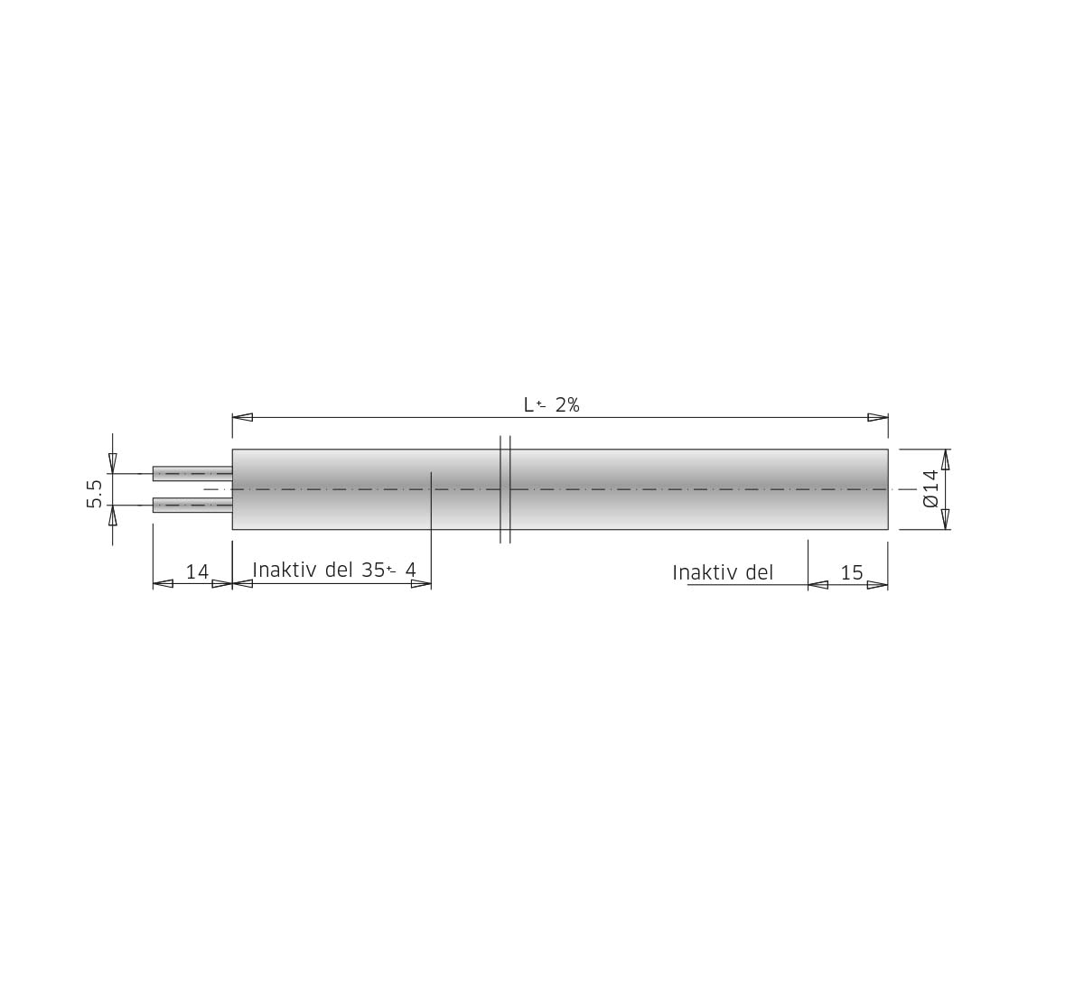 A technical drawing of a tubular heating element, type 14RV