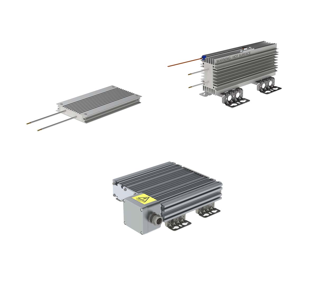 A picture of three different aluminum housed resistors